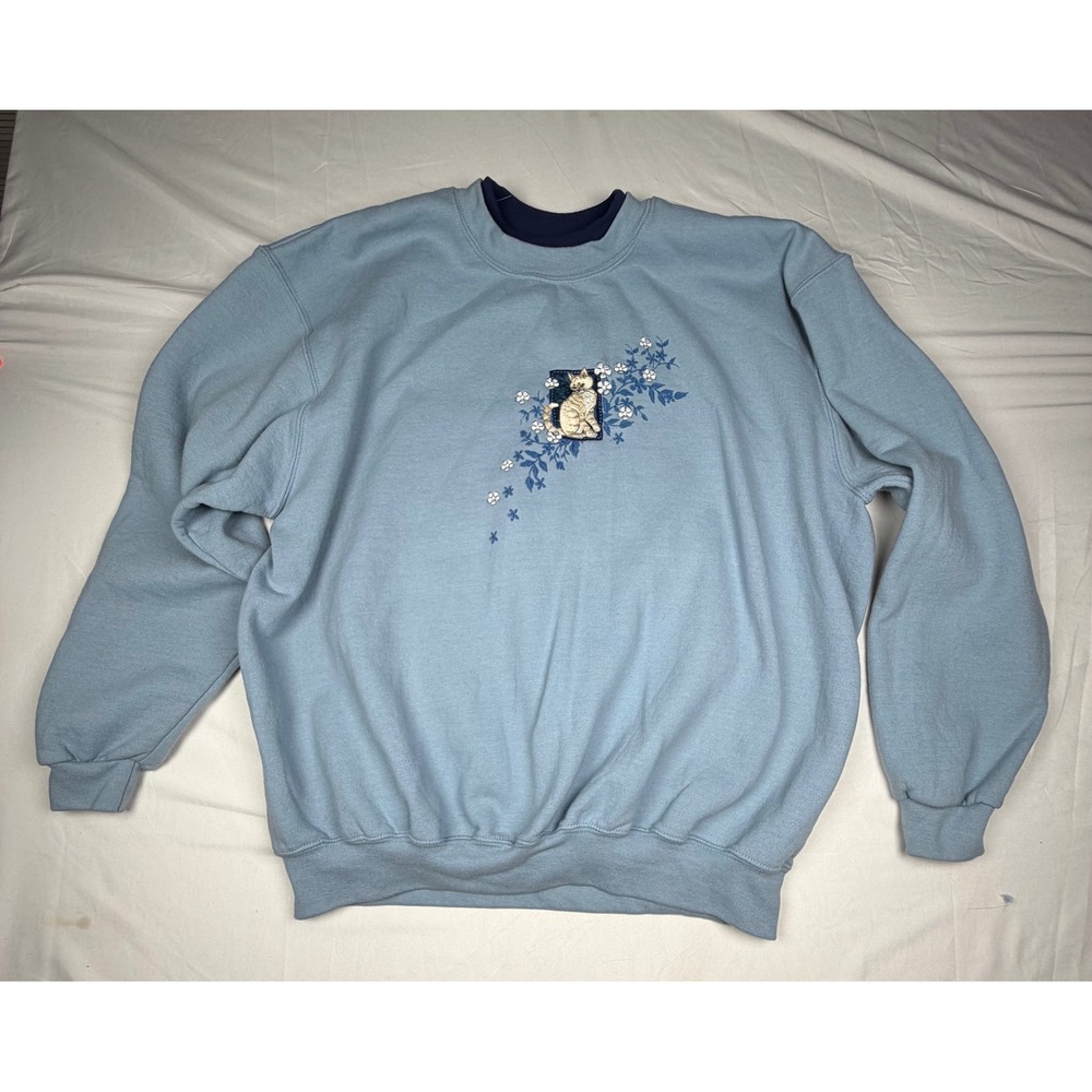 Top Stitch by Morning Sun Vintage 90s Cat Floral grandma's Sweatshirt Blue 2XL